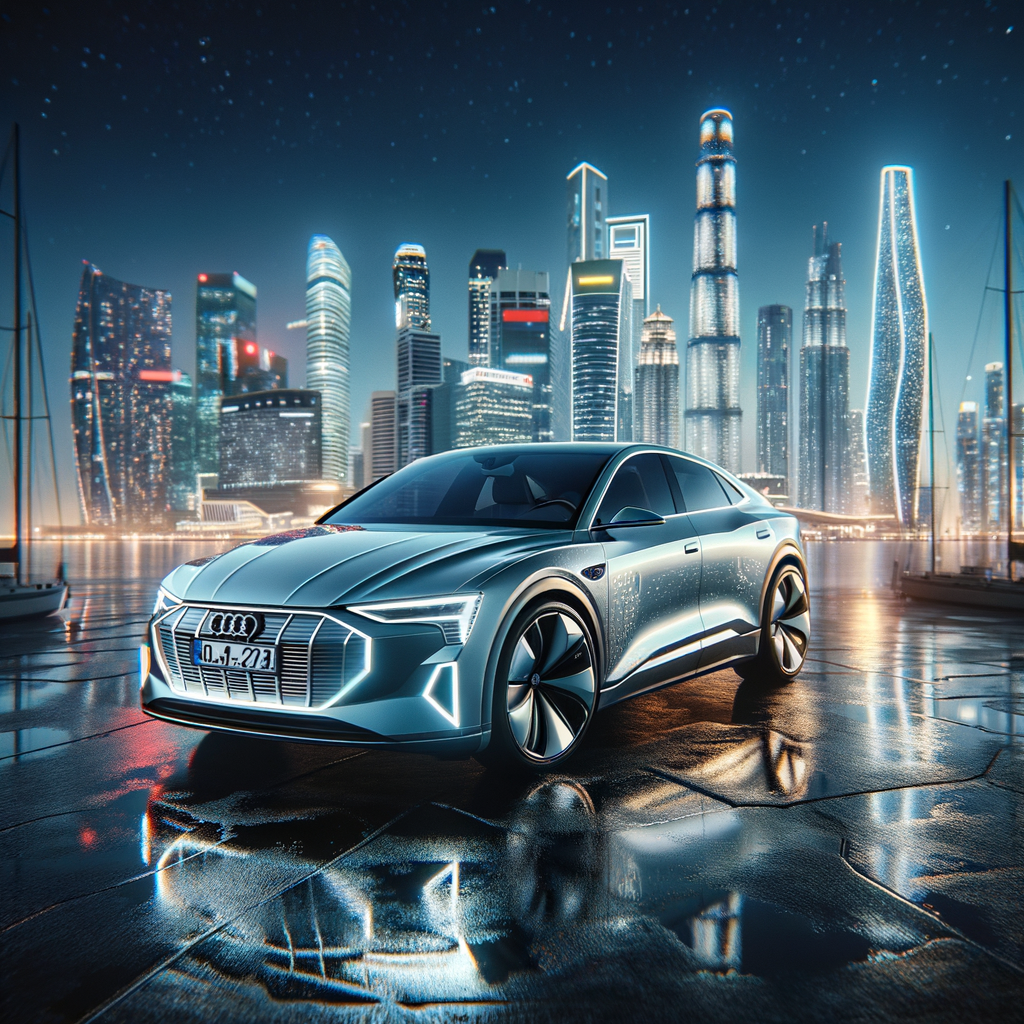 Audi E-Tron glänzt in futuristischer Skyline.