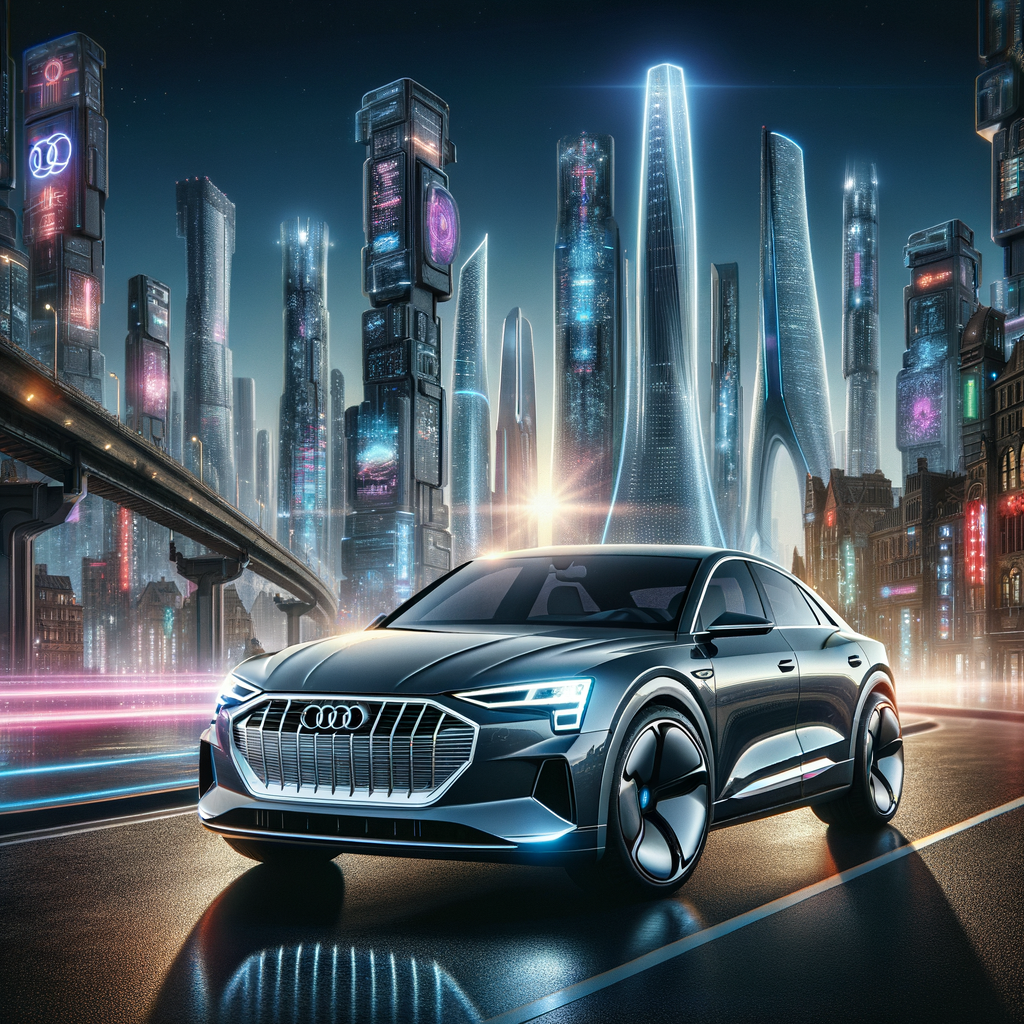 Audi e-tron glänzt vor futuristischer Skyline.