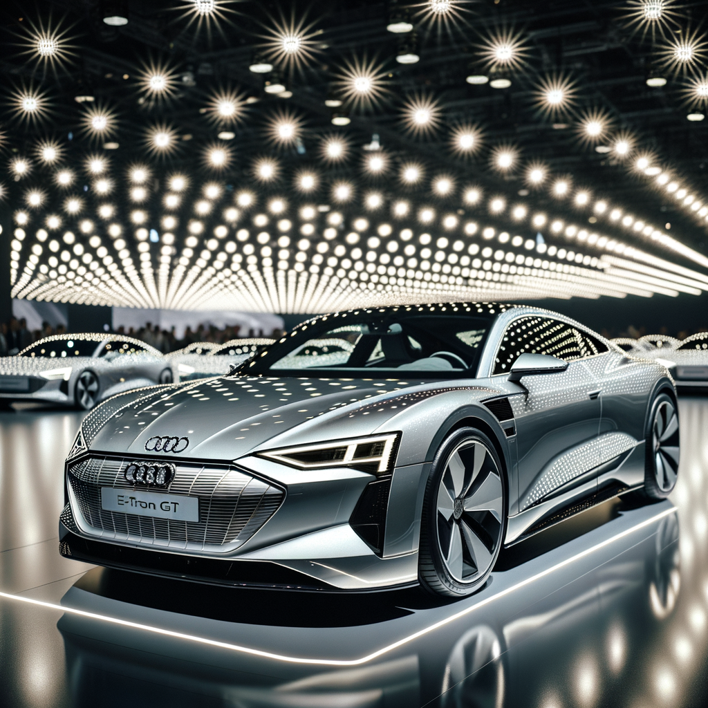 Audi e-tron GT glänzt unter Scheinwerfern.