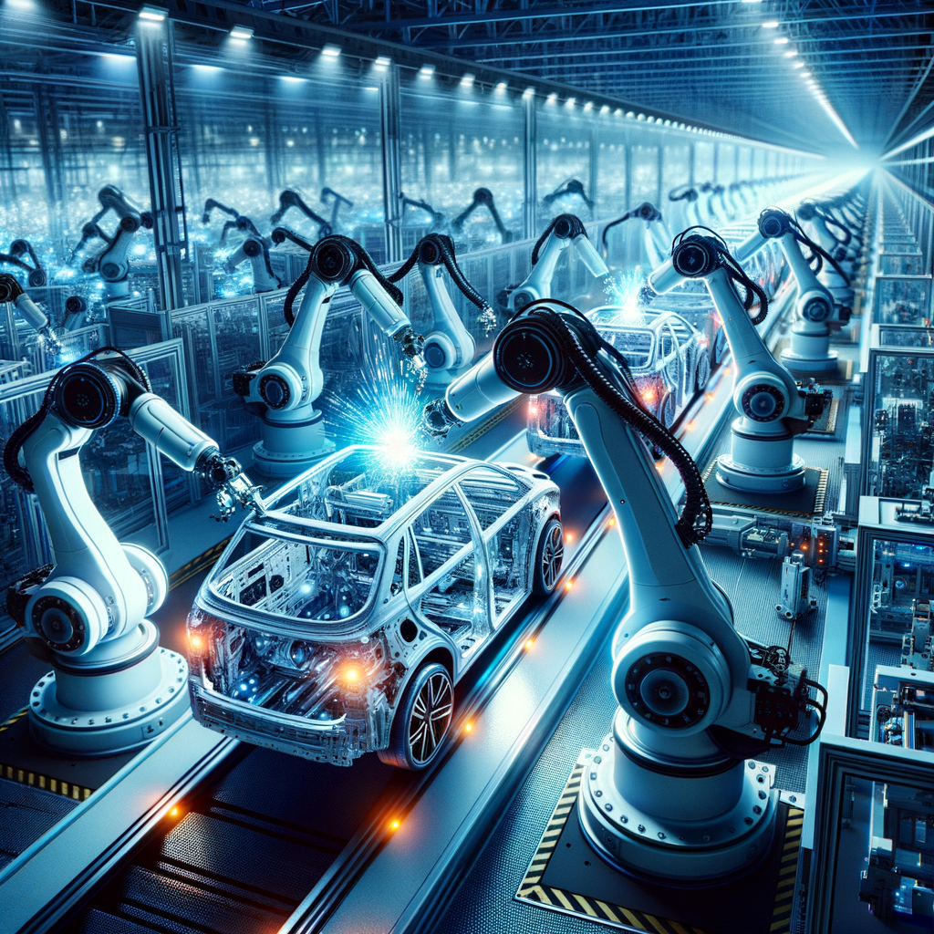 Roboterarme montieren Autos in futuristischer Fabrik.