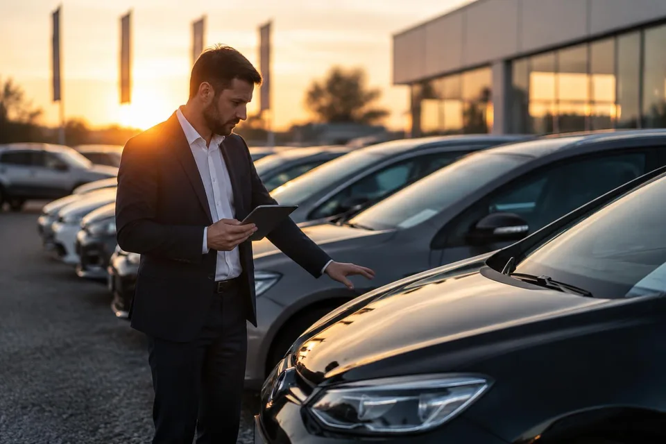 Imagine generată de AI: Fahrzeughändler prüft mit Tablet gebrauchte Autos auf einem Hof bei Sonnenuntergang, KI-Bild