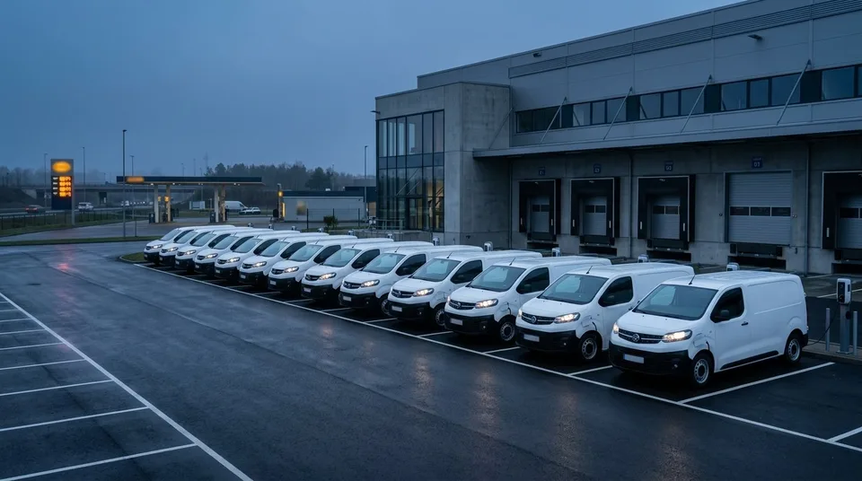 Immagine generata con IA: Nutzfahrzeuge B2B: weiße Transporter-Flotte vor Logistikzentrum im Morgenlicht — Symbolbild, KI-Bild