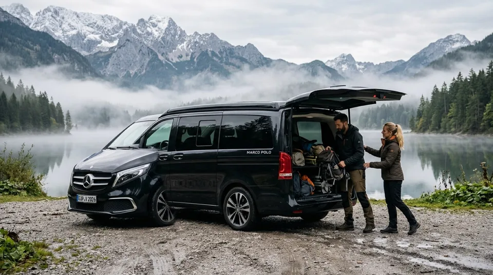 Immagine generata con IA: Mercedes-Benz V-Klasse Marco Polo Campingvan in obsidianschwarz am bayerischen Alpensee im Morgennebel — Symbolbild, KI-Bild