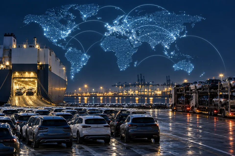 Imagine generată de AI: Leuchtende Weltkarte über einem Logistikhof mit Fahrzeugen, KI-Bild