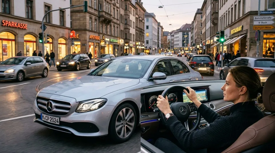 Obraz wygenerowany przez AI: EU Neuwagen: Silberne Mercedes-Limousine fährt automatisiert durch eine deutsche Innenstadt — Symbolbild, KI-Bild