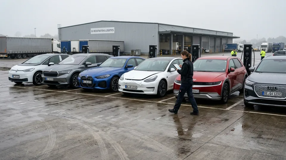 Immagine generata con IA: Elektroauto B2B: Sechs neue Elektroautos verschiedener Farben auf europäischem Zulassungsgelände — Symbol, KI-Bild