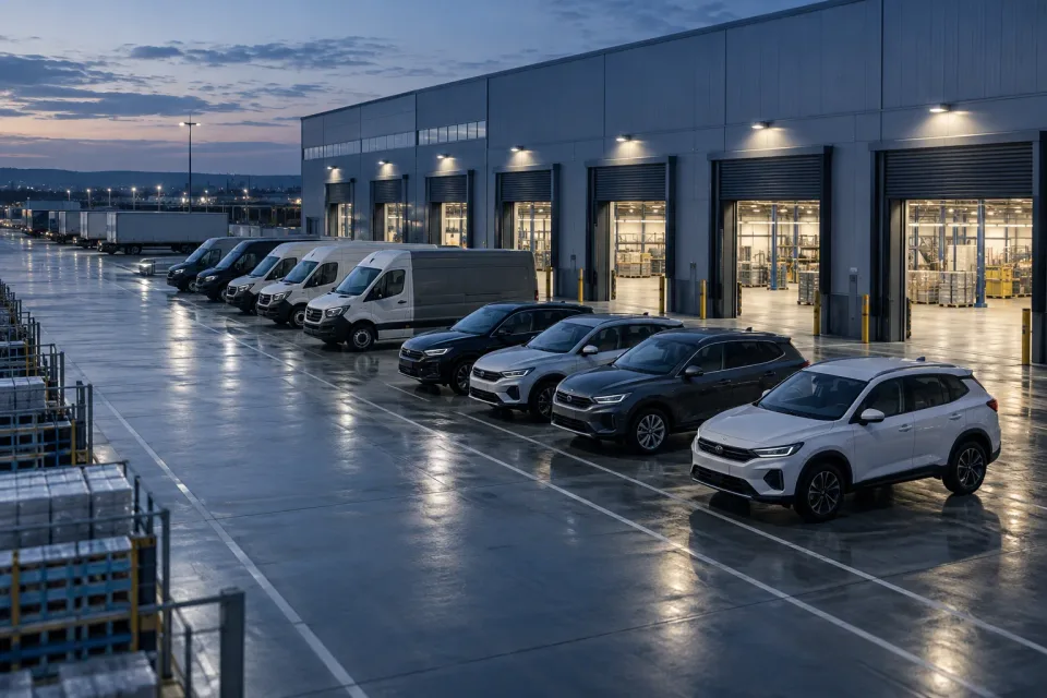 Immagine generata con IA: Symbolbild: B2B Partner und elektrische Transporter, KI-Bild
