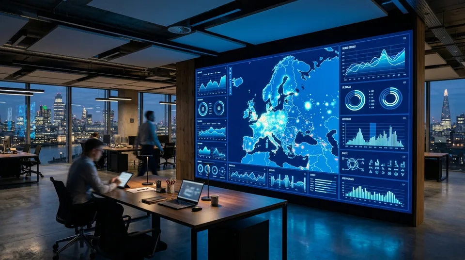 Immagine generata con IA: Modernes Büro mit digitaler Europa-Karte und Fahrzeug-Kennzahlen an der Wand — Symbolbild, KI-Bild