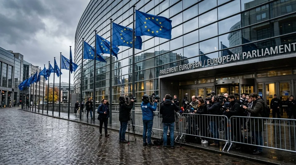 Immagine generata con IA: B2B Automarkt: EU-Flaggen vor dem Europaparlament in Brüssel, Journalisten vor dem Eingang — Symbolbild, KI-Bild