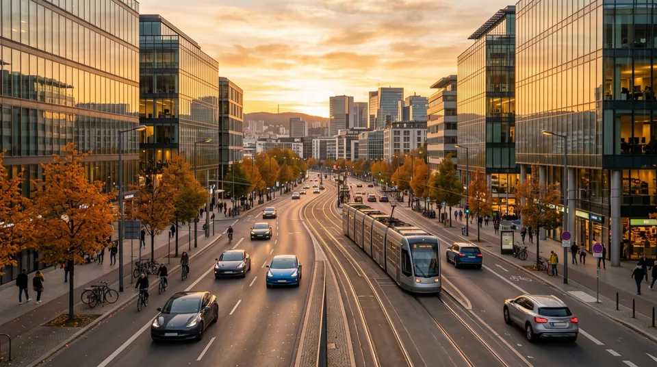 Immagine generata con IA: Europäische Großstadtallee mit Elektroautos im Abendverkehr — Symbolbild, KI-Bild