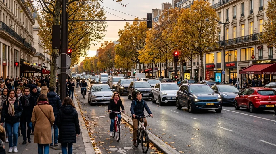 Immagine generata con IA: Europaeische Stadtallee mit gemischtem Neuwagenverkehr an Ampel, Herbstlaub — Symbolbild, KI-Bild