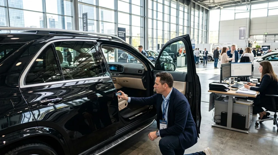 Immagine generata con IA: Fahrzeughaendler prueft den Lack eines Premium-SUV in grosser, heller Handelshalle — Symbolbild, KI-Bild