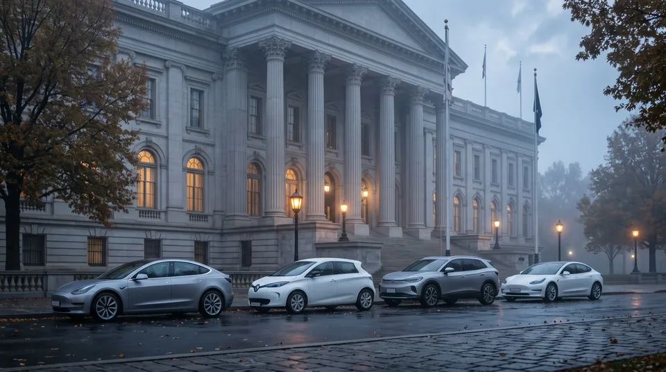 Immagine generata con IA: Reihe von Elektroautos vor einem klassischen Verwaltungsgebäude im Morgenlicht — Symbolbild, KI-Bild