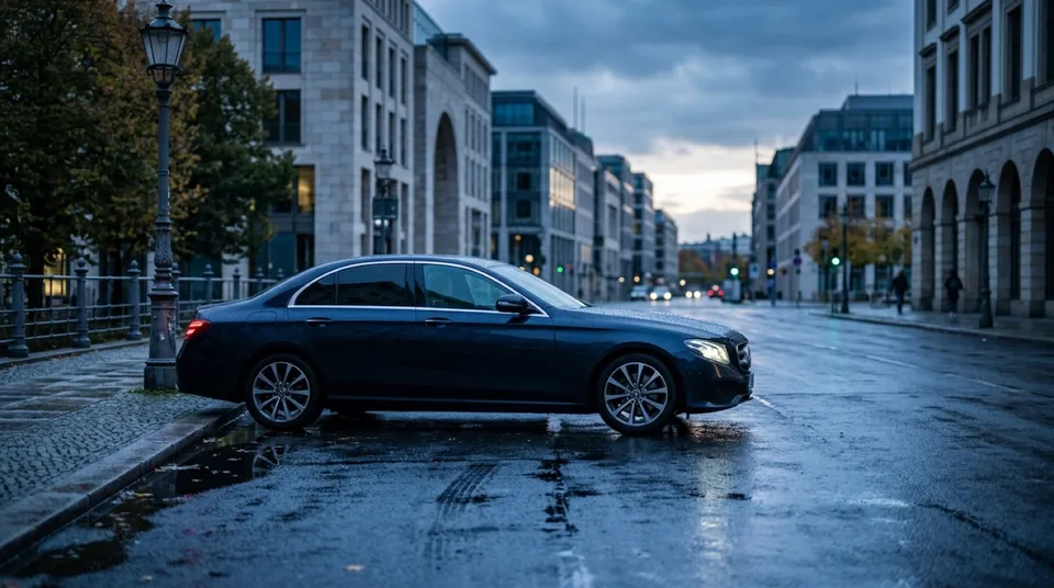 Obraz wygenerowany przez AI: Dunkle Limousine auf nasser Großstadtstraße in der Morgendämmerung — Symbolbild ohne Markenbezug, KI-Bild