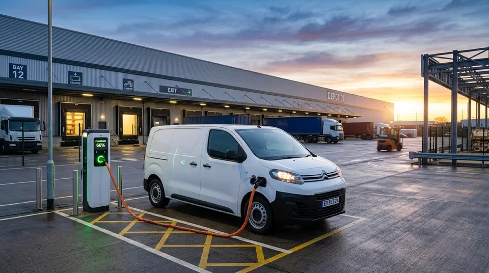 Immagine generata con IA: Weisser elektrischer Lieferwagen mit Ladekabel an Flotten-Ladesaeule vor Logistikzentrum — Symbolbild, KI-Bild