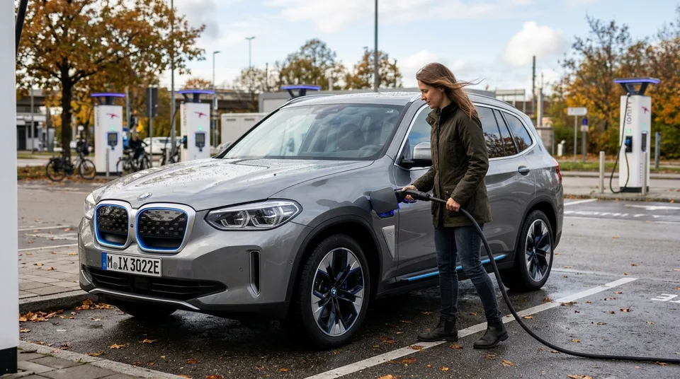 Immagine generata con IA: BMW iX3 an öffentlicher Schnellladestation mit CCS-Ladekabel, KI-Bild