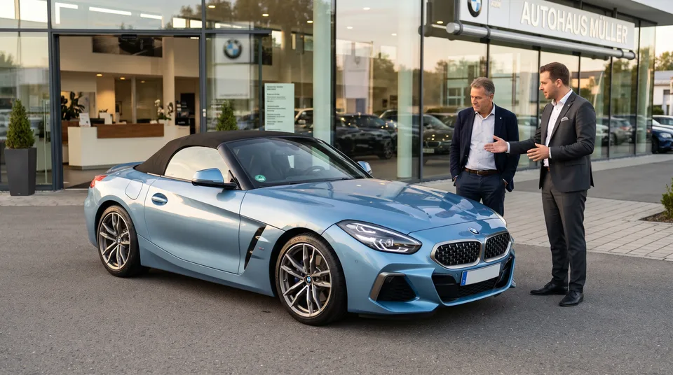 Immagine generata con IA: Mercedes Junge Sterne: Hellblauer Performance-Roadster vor moderner Händler-Niederlassung, Verkäufer präsentiert das Fahrzeug — Symbol, KI-Bild