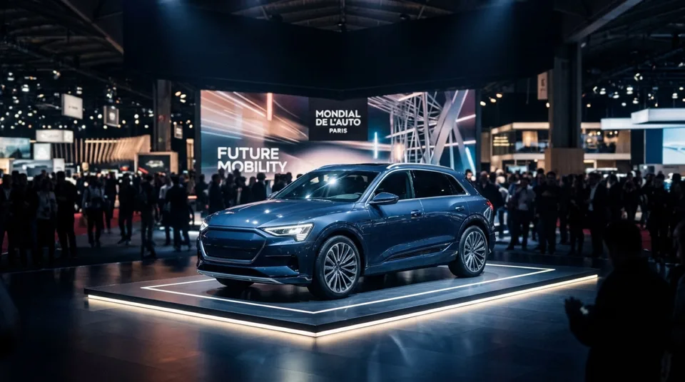 Obraz wygenerowany przez AI: Elektrisches Luxus-SUV auf beleuchteter Messebuehne in Paris — Symbolbild ohne Markenbezug, KI-Bild