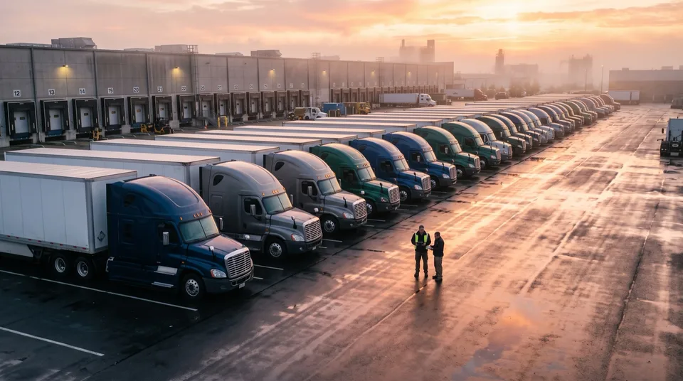 Immagine generata con IA: Moderne Lkw-Flotte vor einem Verteilzentrum im Sonnenaufgang — Symbolbild, KI-Bild