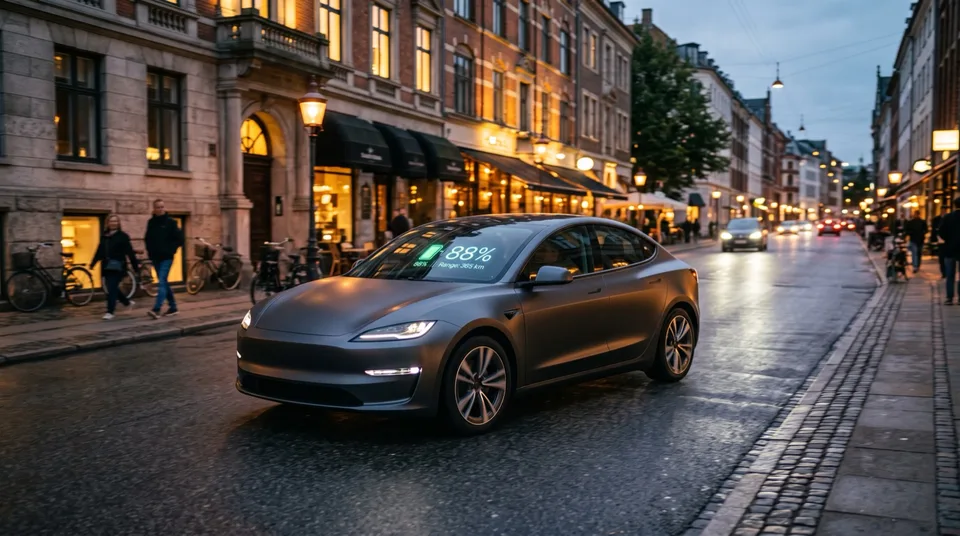 Immagine generata con IA: Modernes Elektro-Kompaktfahrzeug bei der Fahrt durch eine europäische Stadt in der Abenddämmerung — Symbolbild, KI-Bild