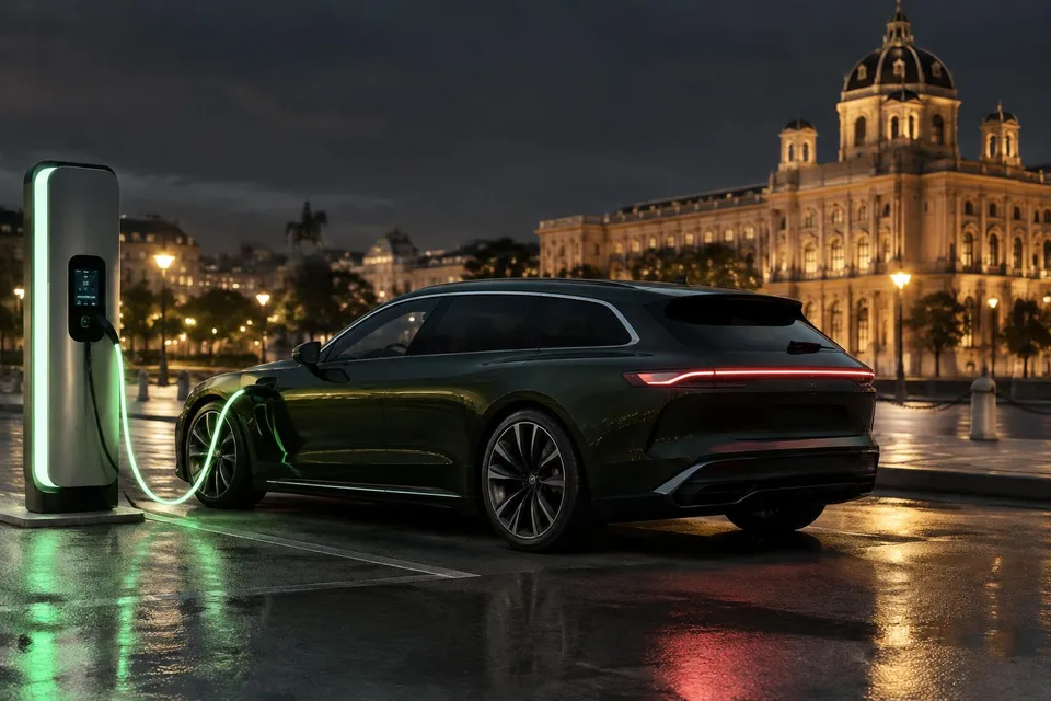 Imagine generată de AI: Dunkelgrüner elektrischer Shooting Brake an einer leuchtenden Schnellladesäule bei Nacht, KI-Bild