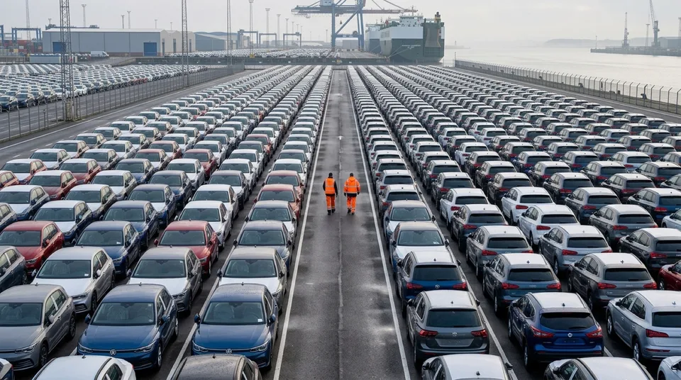 Obraz wygenerowany przez AI: Reihen fabrikneuer Fahrzeuge auf grossem europaeischem Fahrzeug-Terminal, Logistikarbeiter in Warnwesten dazwischen — Symbolbild, KI-Bild