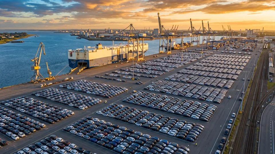 Immagine generata con IA: Vogelperspektive eines Autohafens mit Reihen neuer Fahrzeuge und Frachtschiff im Abendlicht — Symbolbild, KI-Bild