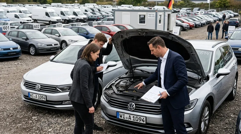 AI-generated image: Gebrauchtwagen Großhandel: Händler prüfen einen Gebrauchten auf einem B2B-Auktionsgelände — Symbolbild, KI-Bild