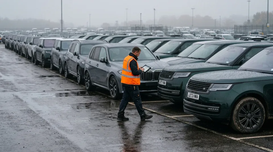 Immagine generata con IA: Reihen neuer Premium-SUVs auf einem Fahrzeuglogistikgelaende im Morgennebel — Symbolbild, KI-Bild