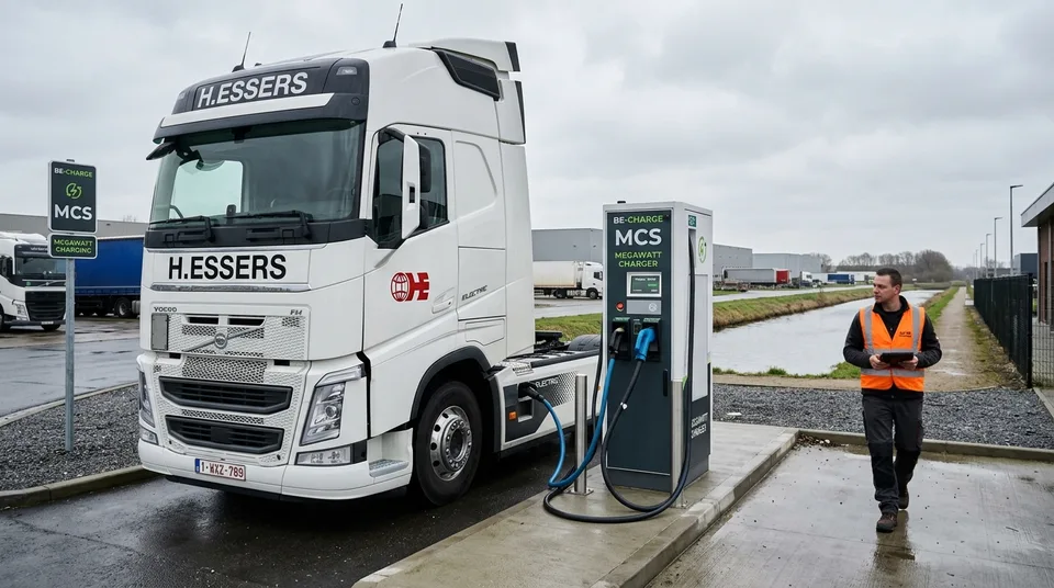 Immagine generata con IA: Weißer Elektro-Lkw an Megawatt-Ladestation bei belgischem Logistikstandort, Fahrer in Warnweste — Symbol, KI-Bild