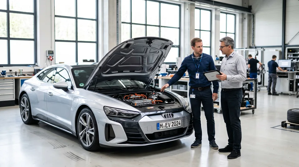 Obraz wygenerowany przez AI: EU Neuwagen: Silberne Elektro-Limousine in heller Entwicklungs­halle, zwei Ingenieure diskutieren am geöffneten Motorraum — Symbol, KI-Bild