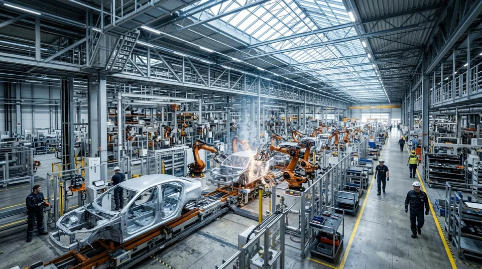 Immagine generata con IA: Moderne Automobilfabrik mit Robotern an der Montagelinie — Symbolbild ohne Markenbezug, KI-Bild