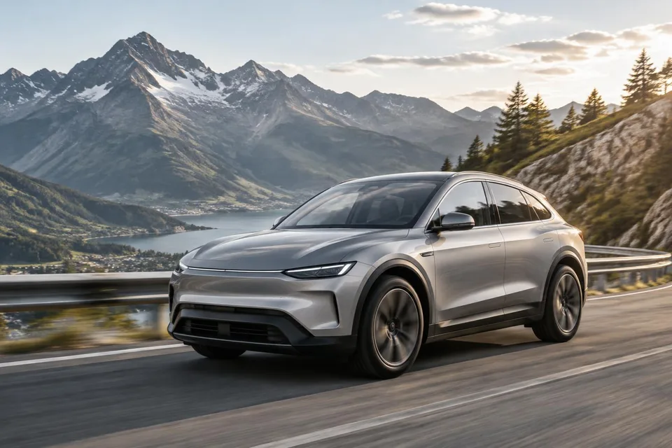 Imagine generată de AI: Silbernes elektrisches SUV-Coupé auf einer Alpenstraße im Morgenlicht, KI-Bild