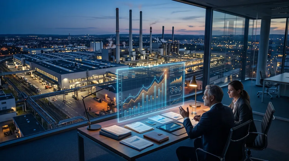 Immagine generata con IA: Automobilfabrik in der Dämmerung mit Finanzdiagramm und Dokumenten — Symbolbild, KI-Bild