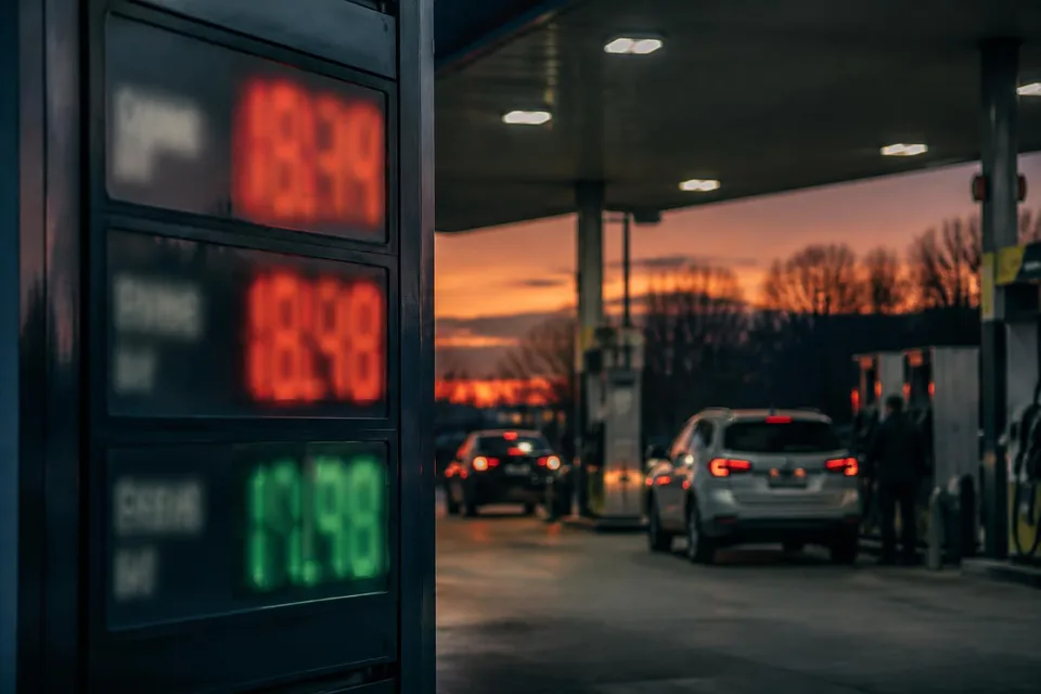 Imagine generată de AI: Preisanzeige einer Tankstelle in der Abenddämmerung mit unscharfen Autos im Hintergrund, KI-Bild