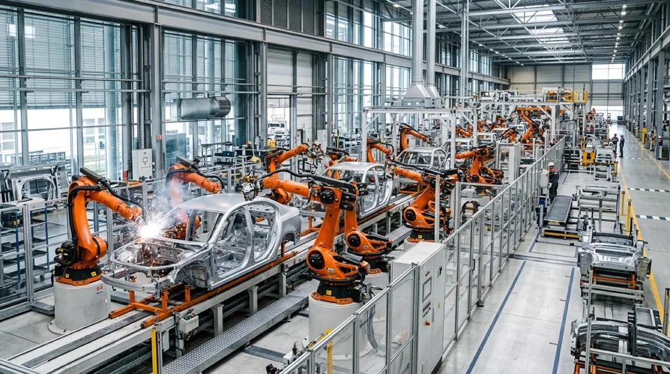 Immagine generata con IA: Roboterarme in heller Automobilfabrik bei der Karosserie-Montage — Symbolbild ohne Markenbezug, KI-Bild