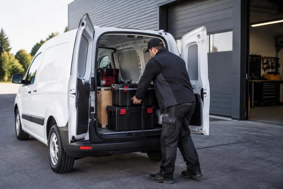 Immagine generata con IA: Handwerker belädt einen weißen kompakten Kastenwagen vor einer Werkstatt, KI-Bild