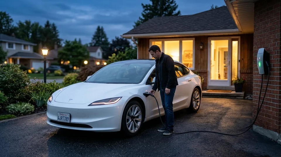 Immagine generata con IA: Elektroauto B2B: Weißes E-Auto lädt abends an einer privaten Wallbox vor dem Haus — Symbolbild, KI-Bild