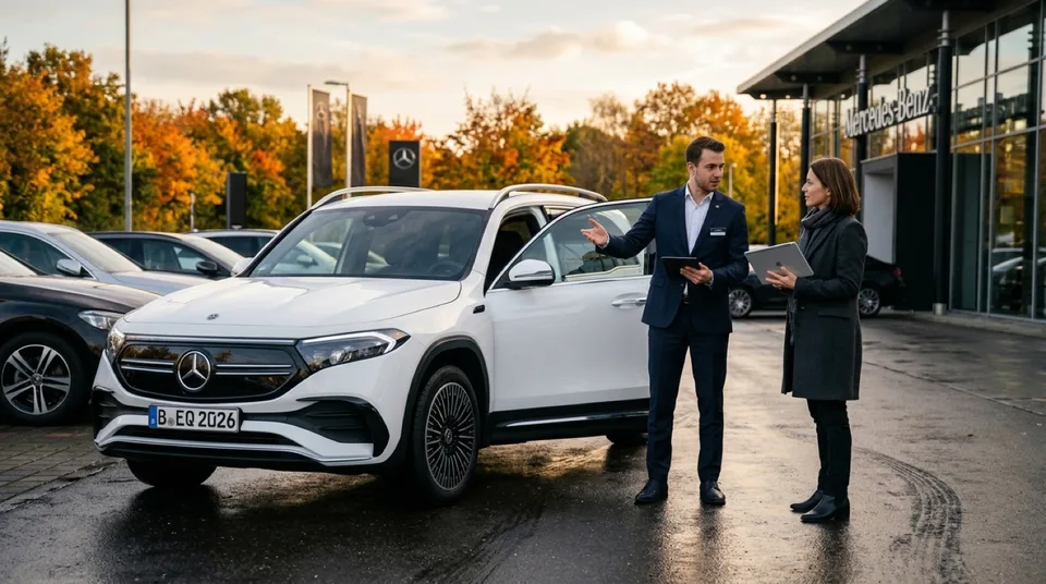 Immagine generata con IA: Mercedes-Benz GLB 250+ Elektro-SUV in polarweiß auf dem Händlervorplatz eines modernen Autohauses zur goldenen Stunde — Symbolbild, KI-Bild
