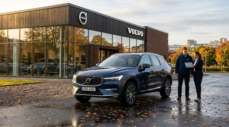 KI-generiertes Bild: KI-Symbolbild eines Elektro-SUV vor einem skandinavischen Firmengebaeude, KI-Bild
