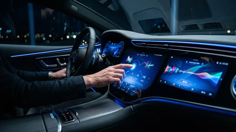 Obraz wygenerowany przez AI: Innenraum eines Autos nachts mit leuchtendem digitalen Cockpitdisplay — Symbolbild, KI-Bild