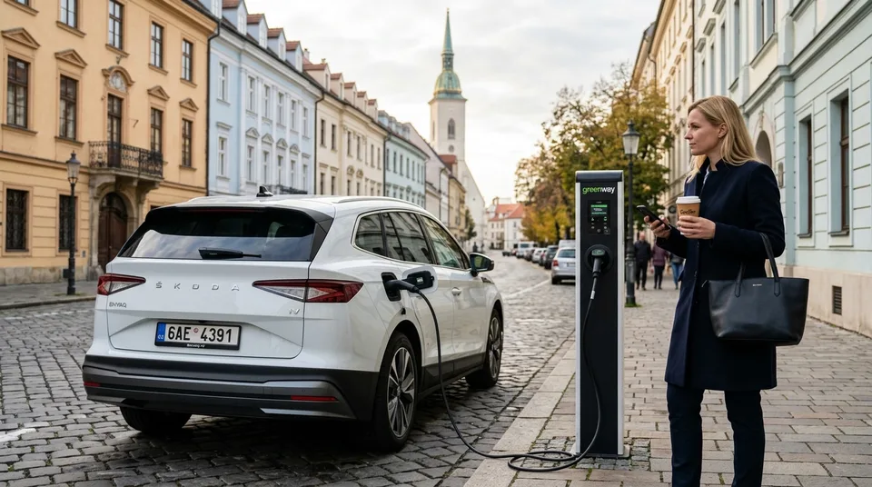 Immagine generata con IA: Weißes Elektro-Crossover an öffentlicher Ladestation auf Kopfsteinpflaster in osteuropäischer Altstadt — Symbol, KI-Bild