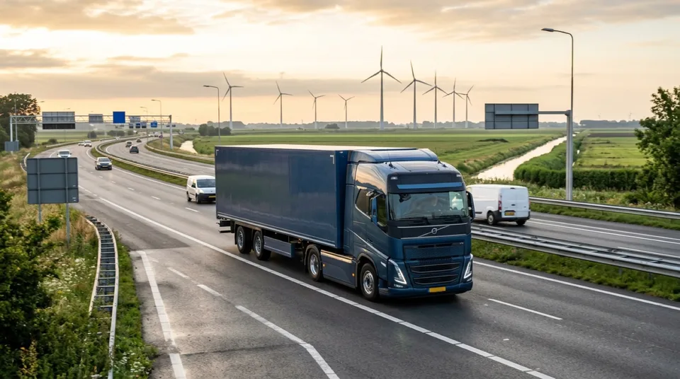 Immagine generata con IA: Elektrischer Schwerlast-Lkw auf niederländischer Autobahn mit Windrädern im Hintergrund — Symbolbild, KI-Bild