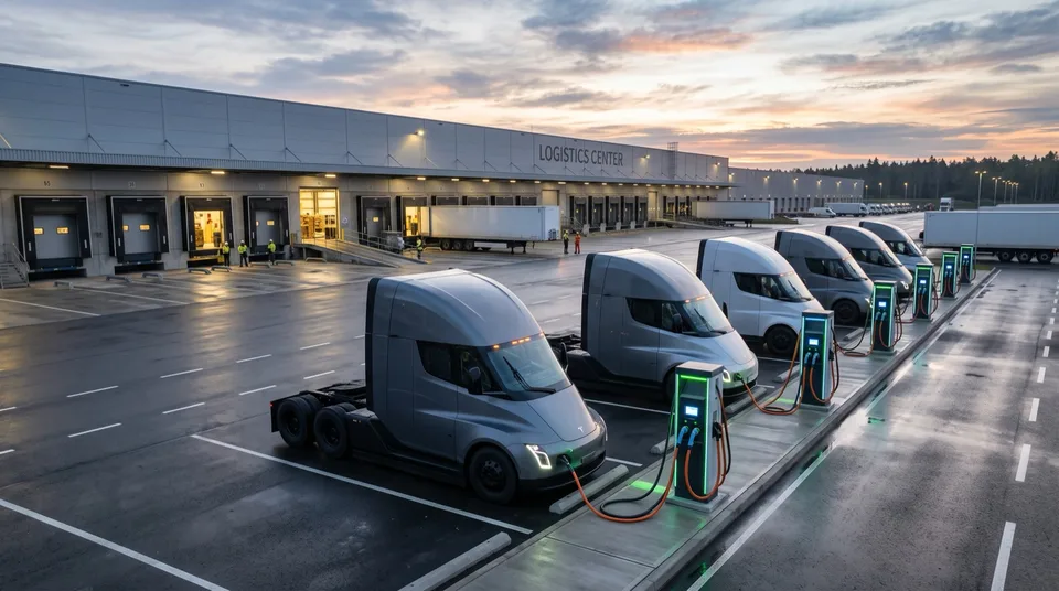 Immagine generata con IA: Reihe moderner Elektro-Lkw beim Laden an einem Logistikzentrum in der Morgendämmerung — Symbolbild, KI-Bild