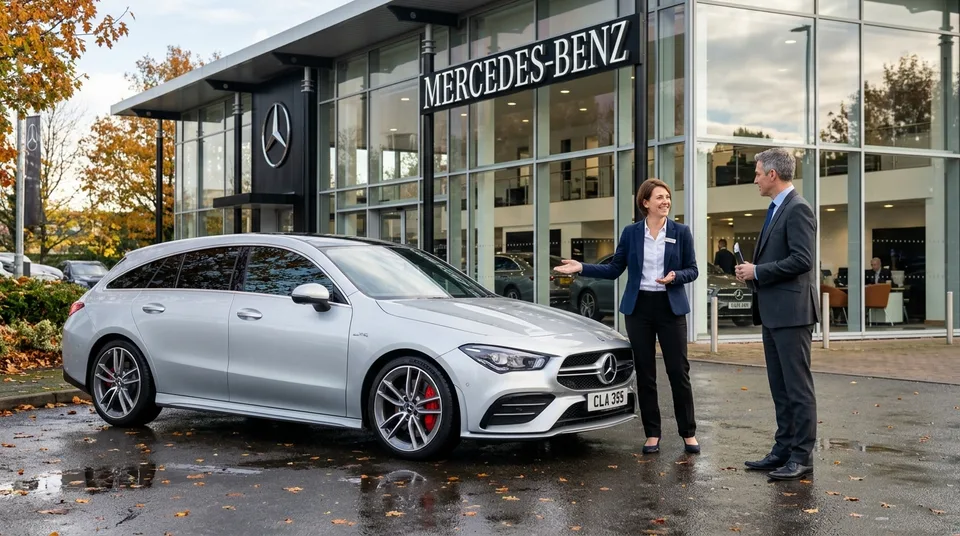 Immagine generata con IA: Mercedes Junge Sterne: Iridiumsilberner Performance-Kombi vor moderner Mercedes-Niederlassung, Verkäuferin präsentiert dem Händler das Fahrzeug — Symbol, KI-Bild