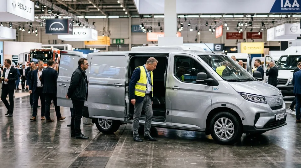Immagine generata con IA: Transporter Großhandel: Elektrischer Lieferwagen auf der IAA Transportation mit Besuchern — Symbolbild, KI-Bild