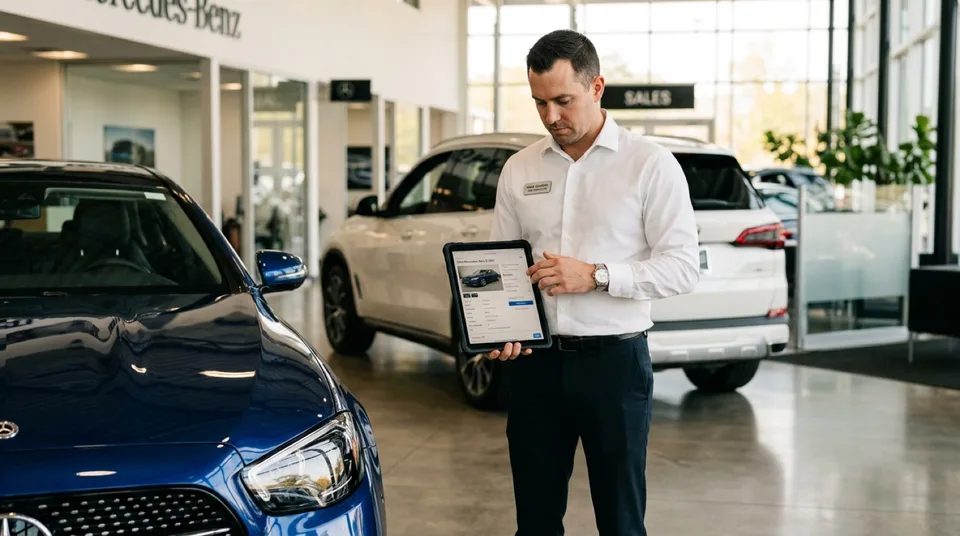 AI-generated image: Autohaendler mit Tablet zwischen neuen Fahrzeugen in modernem Showroom — Symbolbild, KI-Bild