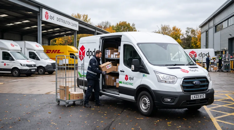 Immagine generata con IA: Transporter Grosshandel: Weißer Elektro-Lieferwagen am Flotten-Depot im Herbstlicht, Fahrer verlädt Pakete — Symbol, KI-Bild
