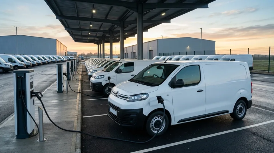 Immagine generata con IA: Weisser elektrischer Lieferwagen laedt an einer Flotten-Ladesaeule bei Sonnenaufgang — Symbolbild, KI-Bild
