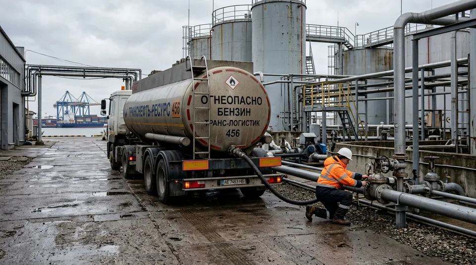 Immagine generata con IA: Tanklastzug an Treibstoff-Depot eines europäischen Hafenterminals, Arbeiter prüft Ventil, Containerkräne im Hintergrund — Symbol, KI-Bild